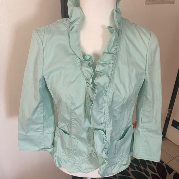 Petite Mint green 3/4 sleeve dress jacket with ruffles and pockets from Talbots - Picture 2 of 9